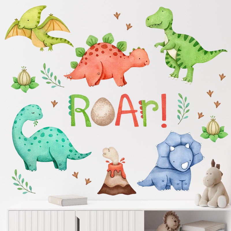 Mfault Watercolor Dinosaur Roar Wall Decals Stickers, Peel Stick Dino Stegosaurus Volcano Nursery Decorations Baby Boys Girls Bedroom Playroom Art, Neutral Tyrannosaurus Rex Kids Classroom Room Decor - Image 1